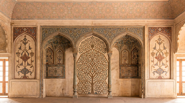 Intricate Mughal architecture interior with ornate jali latticework and floral motifs in warm natural light