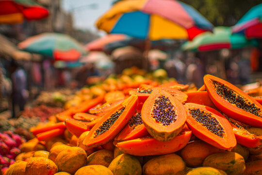 Vibrant tropical fruit stand displaying fresh ripe papayas with black seeds under colorful umbrellas at a lively outdoor market on a sunny day