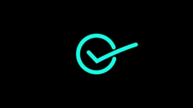 Neon cyan checkmark animation: minimalist success and approval symbol on black background, tick
