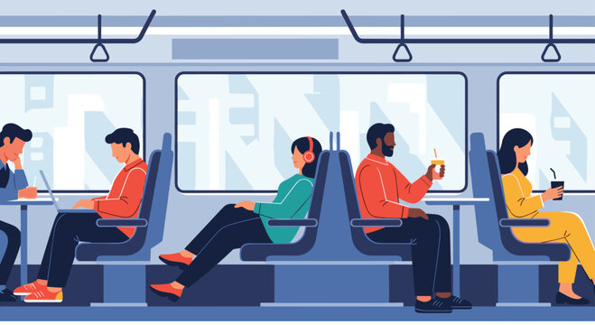 Diverse group of commuters sitting inside a modern train or subway car while working, listening to music, and drinking.
