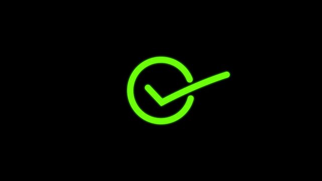 Green neon checkmark animation, minimalist success and approval symbol on black background, tick