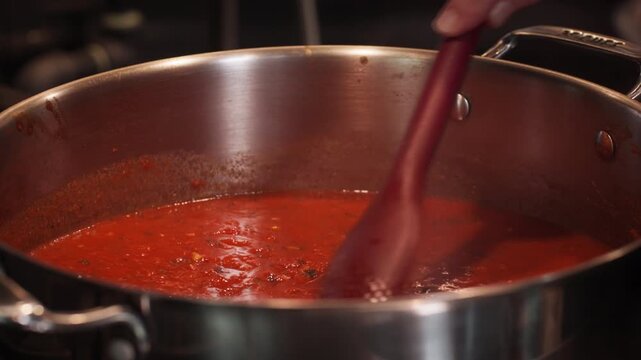 Close-up of tomato sauce being stirred in a stainless steel pot with a wooden spoon as lemon juice is poured in, highlighting rich texture, acidity balance, and dynamic cooking action in a professiona