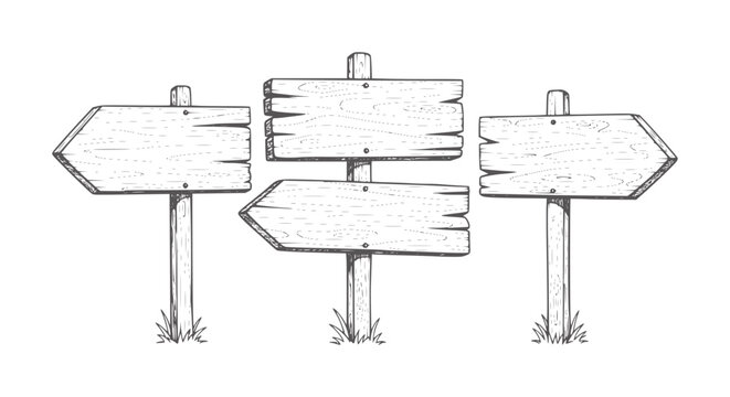 Three wooden directional signs pointing left and right posts arrow