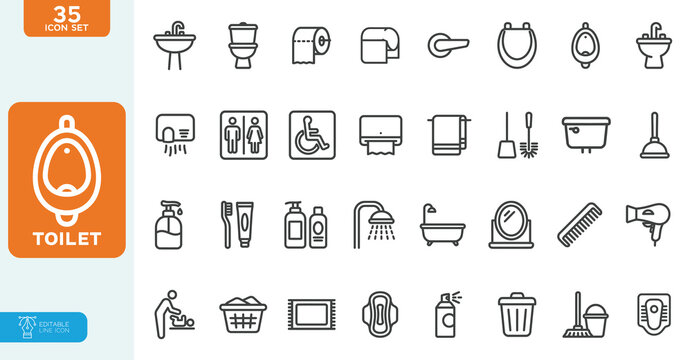 Toilet Vector illustration Line Editable Icons set. Vector illustration in modern thin line style of public water closet related icons: gender symbols, rules for using a toilet, personal hygiene