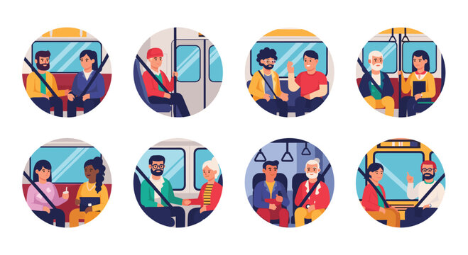 Set of circular icons showing various diverse people sitting and standing while talking inside a public bus or train.