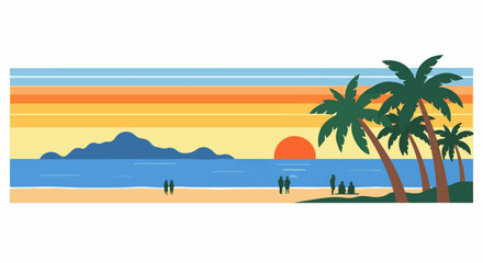 Obraz premium Sunset over a tropical beach with palm trees and distant islands