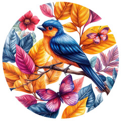 Fototapeta premium Colorful Tropical Bird with Butterflies and Foliage