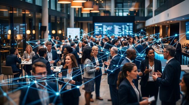 Group of professional business people networking at a corporate conference event with digital technology connection lines overlay representing global communication and data networking