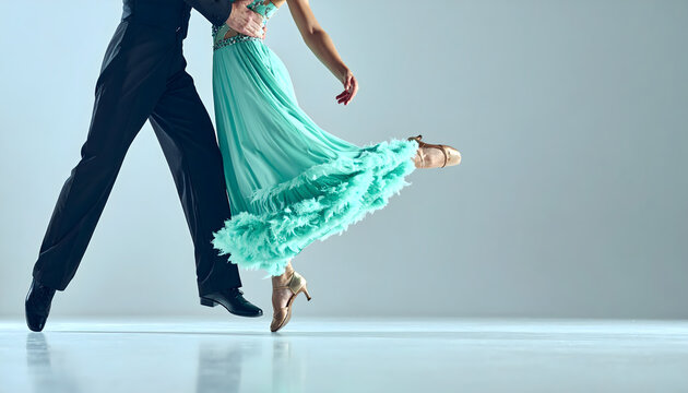 Ballroom couple performs a weightless dance move in formal attire with joyful faces captured in a bright high speed photograph generative AI