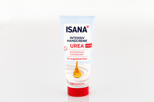 ISANA Intensiv Handcreme Urea hand cream tube isolated on light background. Illustrative editorial studio product photography of skincare and personal care packaging.