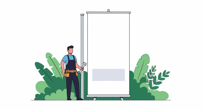Tradesperson with wrench near blank banner display amidst foliage