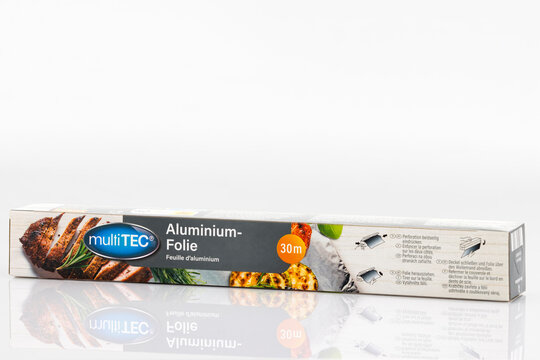 multiTEC aluminium foil 30 meter kitchen packaging isolated on light background. Illustrative editorial studio product photography for household, cooking and food storage concepts.
