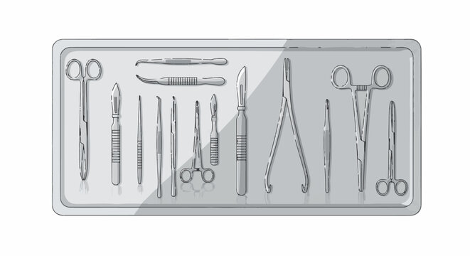 Surgical tools arranged in a tray scalpels, forceps, scissors, and clamps