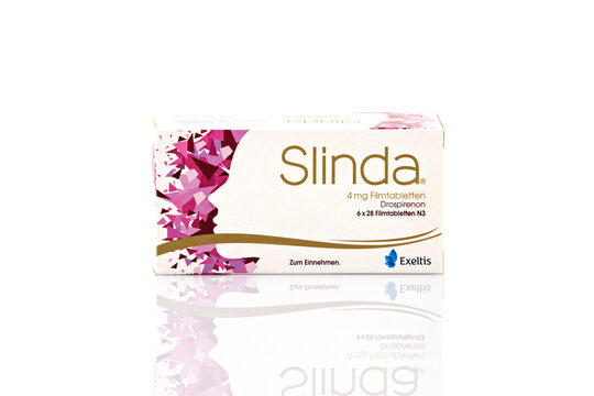Slinda 4 mg film-coated tablets medication box isolated on light background. Illustrative editorial studio product photography for pharmaceutical and healthcare concepts.
