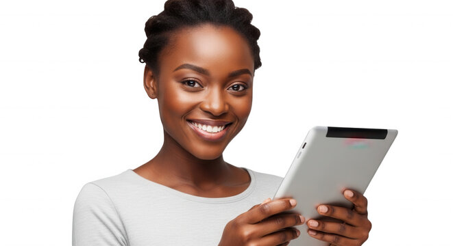Smiling young black woman with braided hair holding a silver tablet computer, isolated against a solid black background