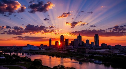 Fototapeta premium Stunning Sunset Over the City Skyline and River.