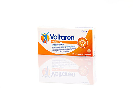 Voltaren Dolo 25 mg coated tablets packaging isolated on light background. Illustrative editorial studio product photography for pain relief and healthcare concepts.