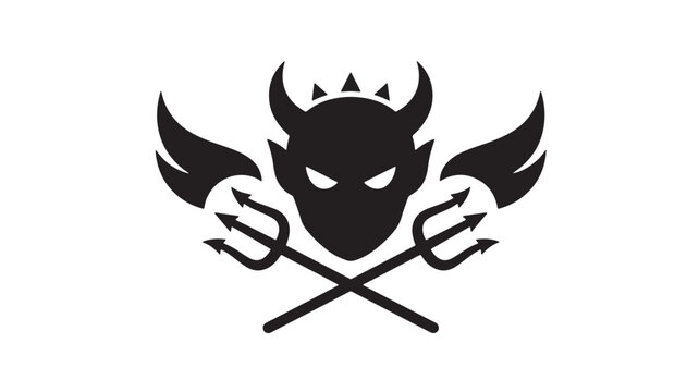 Devil skull icon with horns and crossed pitchforks, bold black mascot logo for gaming and fantasy branding