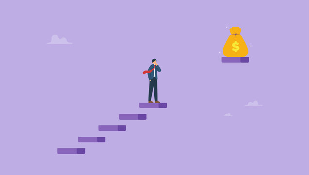 Businessman with big money bag at the top of it but with part of steps between businessman and bag missing. Business problems or hard way to top concept.