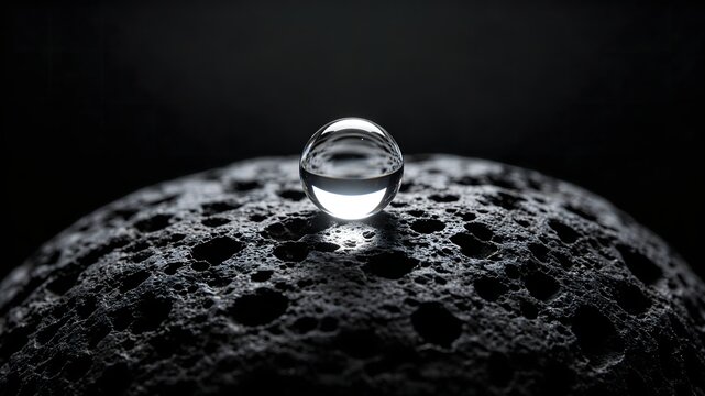 Perfect crystal clear water drop glowing over dry dark porous stone