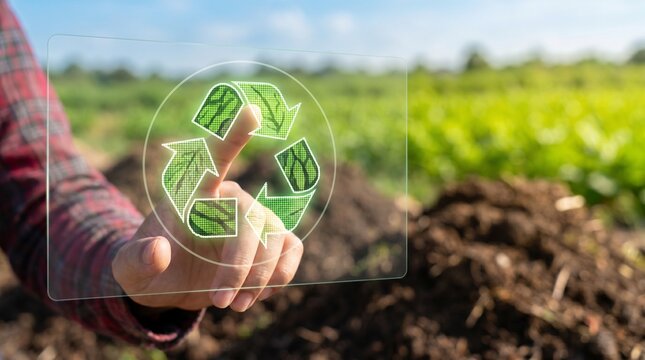 Farmer Touching Digital Recycle Icon Over Agricultural Field