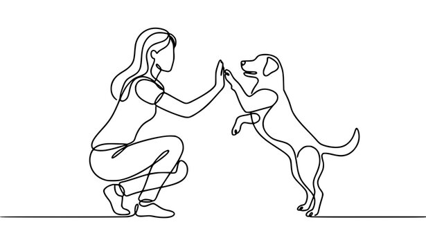 Continuous line playful woman and dog high five vector illustration pet bonding concept