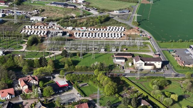 Aerial View of 110 kV Substation with Battery Storage Construction Site &ndash; Renewable Energy Storage, Grid Stabilization and Energy Transition Infrastructure