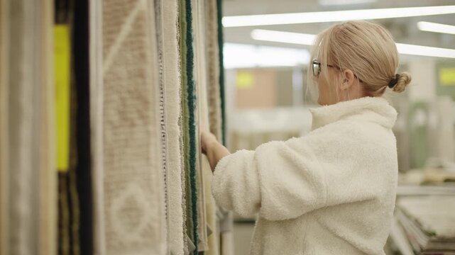 Woman choosing modern carpet in home decor store while browsing textile and rug samples for interior renovation
