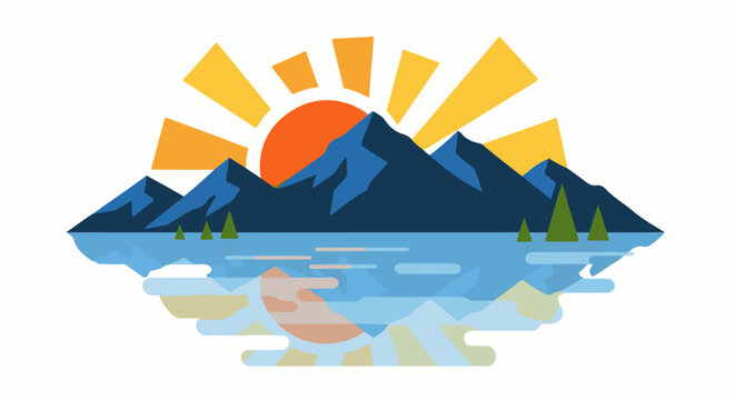 Stylized sun rising behind blue mountains over a reflective lake
