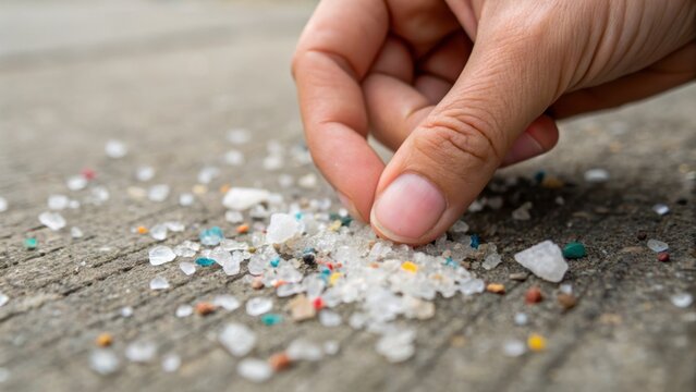 A hand picking up small pieces of plastic and debris from a rough surface, highlighting environmental pollution and waste cleanup efforts.