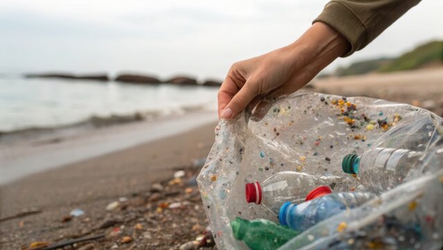 A hand picking up plastic bottles and waste from a beach, highlighting environmental pollution and the importance of cleaning up ocean litter.