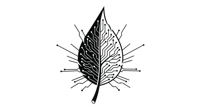 Leaf integrated with circuit board patterns illustrates the fusion of nature and advanced technology.