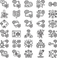 Obraz premium Gut-Brain Axis Line Icons Set – 30 Minimal Black Outline Vector Icons for Microbiome Communication, Neuro-Gastroenterology & Human Health Connection Systems