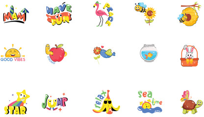 Fototapeta premium Summer icons, colorful stickers, kids illustrations, good vibes symbols, fun elements