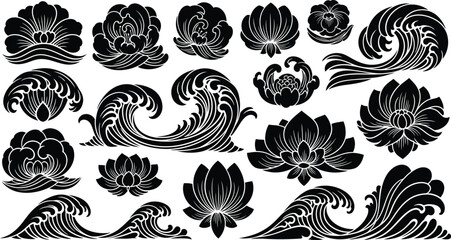 Black and white floral wave lotus flowers and swirling ocean waves © Graphic Shops
