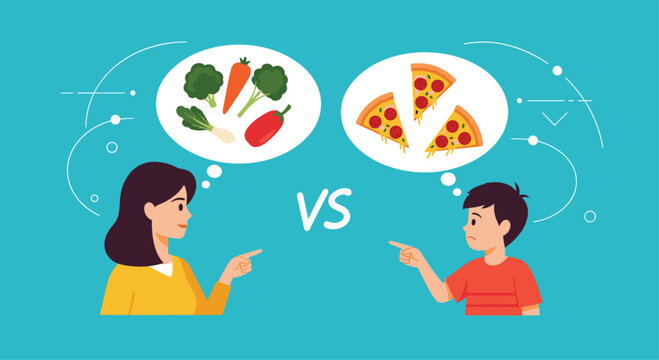 Comparison of healthy and unhealthy food choices with a mother pointing to vegetables and her son wanting pizza.