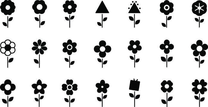 Black and white flower various shapes and styles, on plain background, symbol minimalist