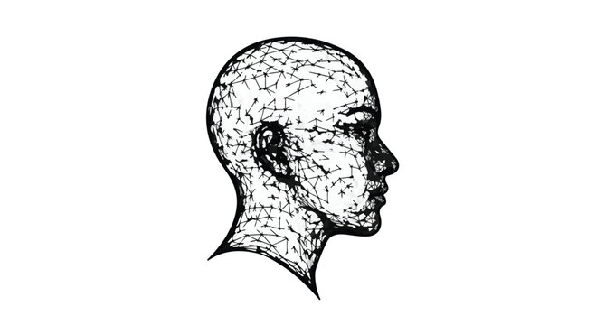 Human head profile rendered in a complex wireframe mesh style to symbolize artificial intelligence.