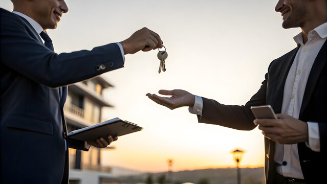 Businessperson handing over keys of a property at sunset