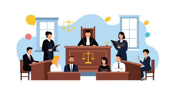 Legal courtroom scene featuring a judge, jury, lawyers, and defendants engaged in a trial to ensure justice and fair law enforcement proceedings.