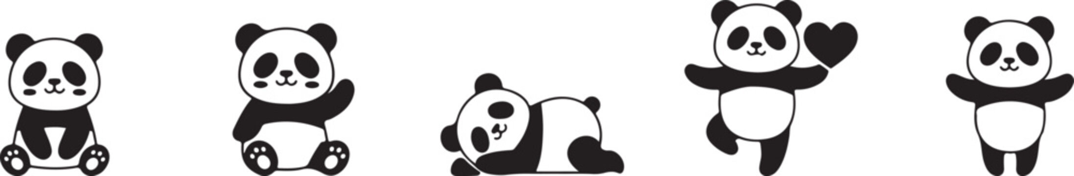 Cute Panda Cartoon Character Icon Set Kawaii Bear Animal Mascot Baby Panda Silhouette Vector Illustration Collection