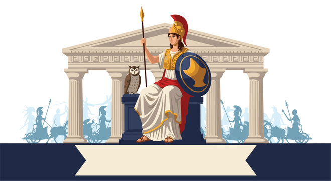 Greek goddess Athena sitting on a throne with her owl companion, holding a spear and shield in front of a classical temple background.