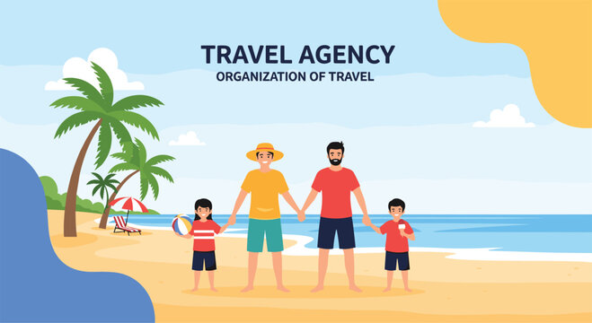 Happy family of four holding hands and enjoying a sunny day at the beach as part of a travel agency promotion for vacation organization.