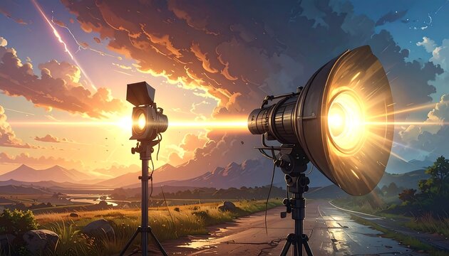 Two studio flash lights on tripods in a natural landscape