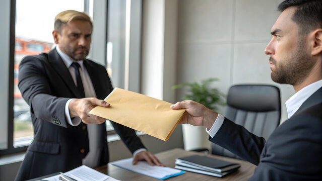 Man in suit handing envelope to another man at a desk