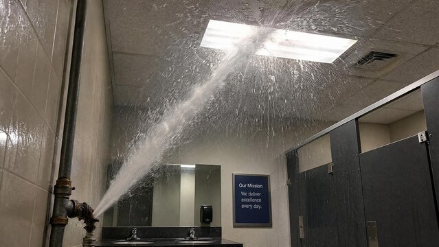 High Pressure Water Leak from Burst Pipe in Public Restroom with Ironic Mission Statement