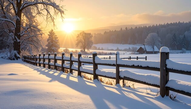 Serene winter landscape with snow-covered fence at sunrise