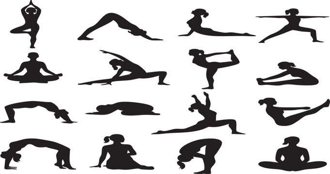 Collection of black yoga pose silhouettes showing balance, flexibility, and strength isolated on white background for wellness themes