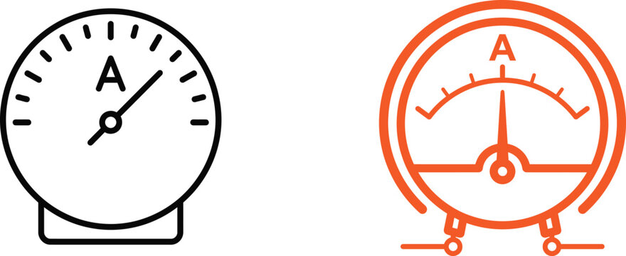 Ammeter electrical measuring instrument icons in black and orange outline style Vector