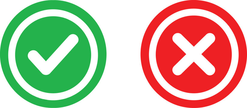 Green check mark and red cross sign icons for correct and incorrect choice Vector